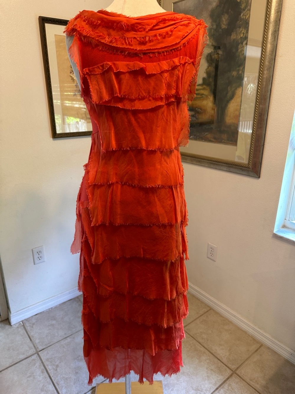 Made in Italy Coral-Orange Tiered Fringe 100% Silk Dress Size Medium - Picture 8 of 9